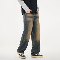 Pantalon en jean délavé style rétro américain pour homme, taille mi-haute, coupe large, tendance Y2K, délavé à la pierre, couleur jaune boue, style urbain décontracté