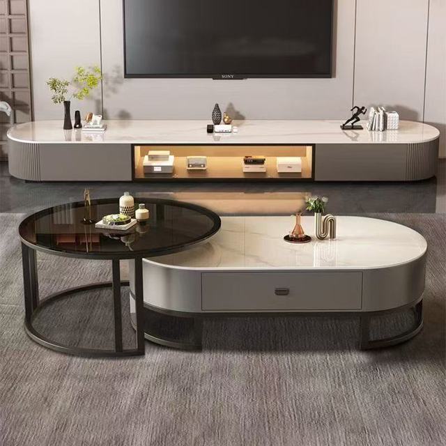 Modern Luxury Round TV Stand Wood Marble Design with Multifunctional Drawers for Living Room Decor