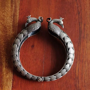 Oxidized <b>Silver</b> Brass Peacock Design <b>Cuff</b> <b>Bracelet</b> Traditional Ethnic Vintage Adjustable Kada for Unisex - Product Image 1