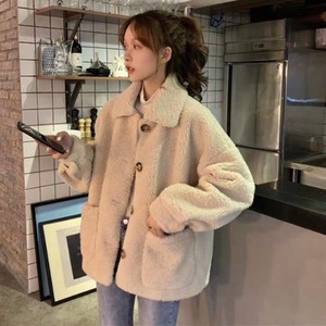 Women's Faux Fur Coat Apricot Solid Color Medium Thickness Patchwork Button Pocket Loose Short Jacket Autumn Winter Wear - Product Image 1