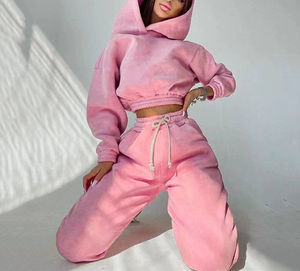 TKAN740 sin cuerda en blanco mujer pulóver Crop Top Oem logotipo personalizado gráfico 3D estampado bordado algodón pantalones de chándal conjunto con capucha - Product Image 2