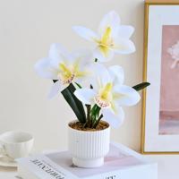 Plante d'orchidée Cymbidium artificielle en pot, fleur d'orchidée réaliste, faux bonsaï avec pot blanc, fausse fleur pour la maison, table ou comptoir