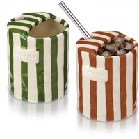 Pack de tasses à café en pierre avec trou de boisson, antidérapantes, pour expresso, 10 oz, avec pailles, rétro, peintes à la main, rayées, compatibles lave-vaisselle, pour café, thé, voyage