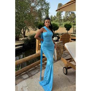 Vestido de Noche Formal Azul para Mujer, Talla XL, Corte Sirena sin Tirantes, con Cuentas y Lentejuelas, Drapeado, Largo hasta el Suelo - Product Image 3