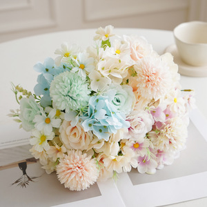 ดอกกุหลาบประดิษฐ์และช่อดอกไฮเดรนเยีย แองเจิลโรส สีฟ้า สีชมพู ดอกไม้ผ้าไหมเหมือนจริง สำหรับตกแต่งงานแต่งงาน ตกแต่งบ้าน และเป็นพร็อพถ่ายภาพ - Product Image 1