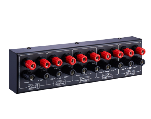 Passive 1-IN-4-OUT Amplifier/Speaker Splitter Box Audio Switcher Distributor for Organizing Multiple Speakers in Bags