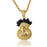 Pendentif Sac d'argent Dollar en laiton plaqué or, micro-pavé de zircons, style Hip Hop, pour cadeau de fête, vente en gros