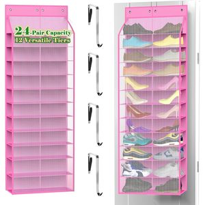 Over Door <b>Shoe</b> Organizer 24 Pair Capacity 12 Tier Hanging Storage for Sneakers Boots Kids Family Pink Mesh Rack - Product Image 1