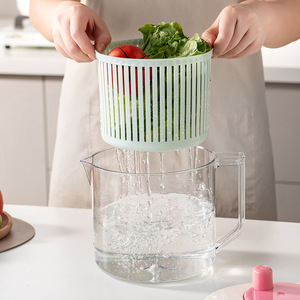 Vegetable Dehydrator Manual Spin Drying Basket Plastic Fruit And Vegetable Washer Kitchen Drainer Pink And Green - Product Image 2