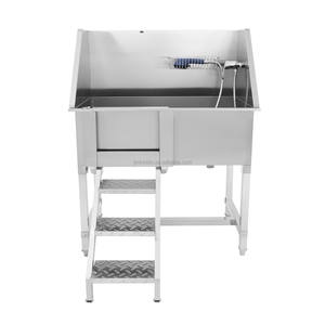 Baignoire pour animaux de compagnie en acier inoxydable avec drain central, robinet et escalier - Station de lavage pour chiens professionnelle - Product Image 1