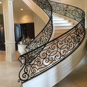 Customized classic interior design of wrought iron wooden curved staircase from China stairs Foshan factory
