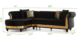 Gold Detailed Tufted Velvet Convertible Sectional Set with L-Shape Design for Living Room in Black - Product Image 4