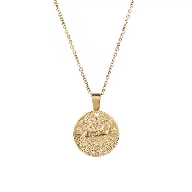 Pingente horóscopo dourado 12, jóia delicada, colar de aço inoxidável com moeda do zodíaco, presentes