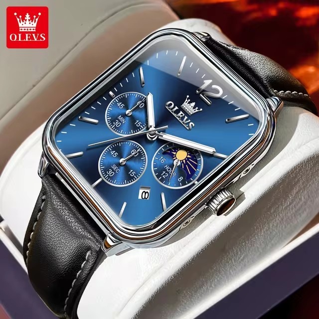 OLEVS 9914 Luminous Moon Phase Chronograph Square Men's Watches Original Fashion Quartz Wristwatch Mesh Steel Waterproof Watch