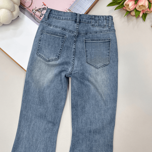 2026 NEW Ladies High Rise Flare Denim <b>Pants</b> with Knee Cutout Detail Classic Five Pocket Style - Product Image 2