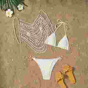 Venta al por mayor 2025 Sexy 3PCs <span class=keywords><strong>Bikini</strong></span> Sets + Bead Top Cover up para mujeres Traje de baño de verano Blanco sólido Cuello Halter Trajes De Bano - Product Image 4