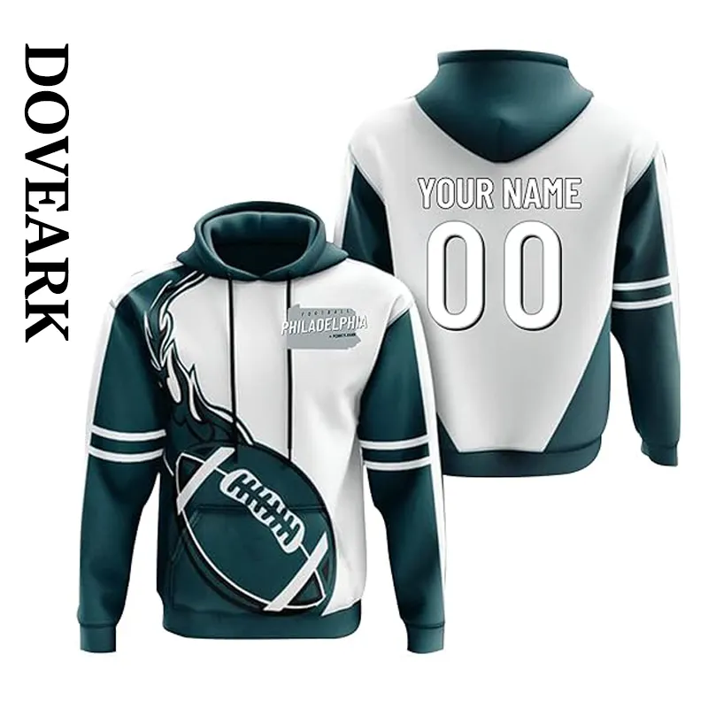 DOVEARK OEM/ODM अनुकूलित यूएसए आकार एनएफएल फुटबॉल टीमें फिलाडेल्फिया सिटी कलर स्पोर्ट वियर टॉप कपड़े पुलओवर हुड वाली स्वेटशर्ट