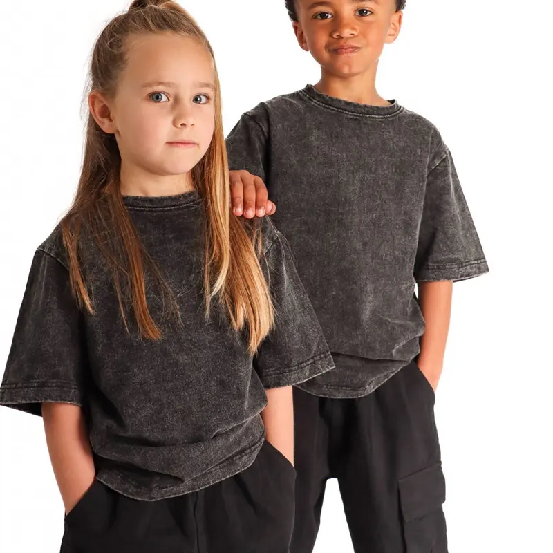 Custom Logo Children Clothing Unisex Boy Girl Short Sleeve Tee Fashion Kids Baby Acid Wash T Shirt