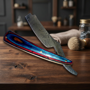 Damascus Steel Straight <b>Razor</b> Blue Red Wooden Handle Single Blade Barber Shop Use for <b>Men</b> ASAP Stainless Steel - Product Image 3