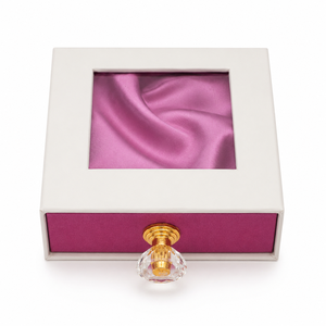 Elegant Square Paperboard Jewelry <b>Box</b> Clear Window Crystal Knob Customized Color Drawstring Closure Purple Interior Drawer - Product Image 1