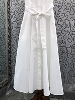 Robe longue 100 % coton, style été 2026, col rabattu, broderie noire, blocs de couleur, ceinture décorative, sans manches, robe longue blanche pour femme