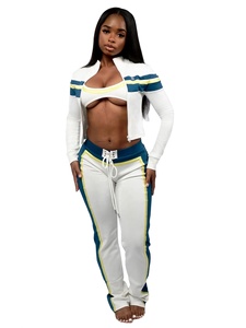 Individuelles LOGO Herbstkleidung Damen-Sets Streetwear Kontrast Lange Hose und Sport-BH Crop-Jacke Trainingsanzug für Damen Loungewear - Product Image 2