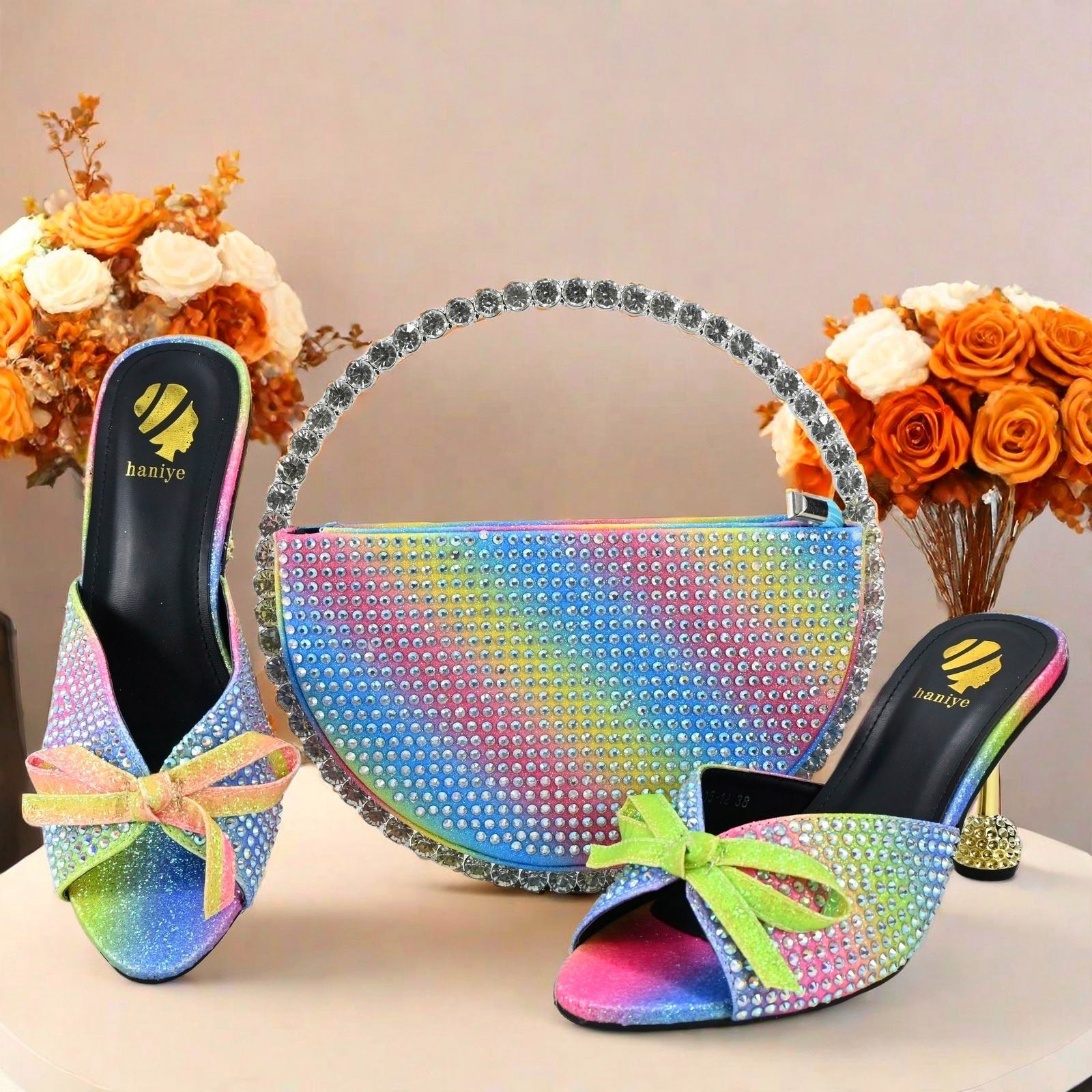 Luxury Ladies Rainbow Style Matching Shoes and Bags Wholesale Ceremonial  Shoe High Heel Slippers and Bag Set - Main Image