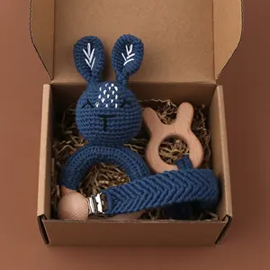 Häkeln Baumwolle Blue Bunny Holz rassel Quaste Braid Baby Schnuller Clip/Baby Holz Beißring