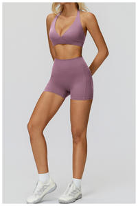 عميق الخامس مثير مفتوح الجمال الظهر بلا أكمام حمالة الصدر الرسن و سكرش قصير يغطي الرجل مجموعات النساء اللياقة البدنية الرياضة ملابس مجموعة صالة الألعاب الرياضية - Product Image 4