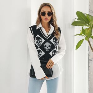 الجمجمة الأصلية هالويين الجاكار السترة بلا أكمام الجمجمة السوداء سترة الماس حرف كتلة اللون سترة محبوك للنساء - Product Image 5