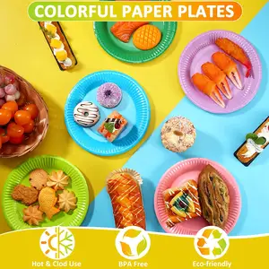 Plato de papel desechable de color sólido de 7 pulgadas, 9 pulgadas y 10 pulgadas, platos de papel de colores para fiesta de cumpleaños