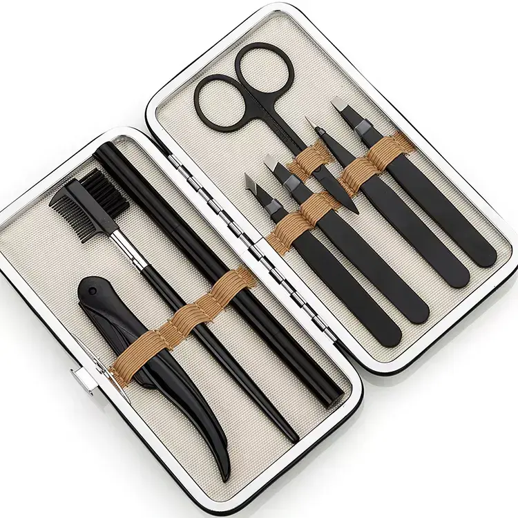 Wholesale Stainless Steel Eyebrow Brush Trimmer Brush Comb Eyelash Tweezers Scissors Trimmers Set