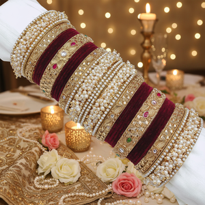 Traditional Bridal Velvet <b>Bangle</b> <b>Set</b> Kundan & Pearl Design Elegant Pearl Bracelets for Weddings - Product Image 3