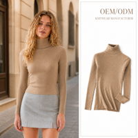 Pull en maille à col roulé pour femme, coupe ajustée, manches longues, couleur unie, côtelé, col haut, doux, style coréen