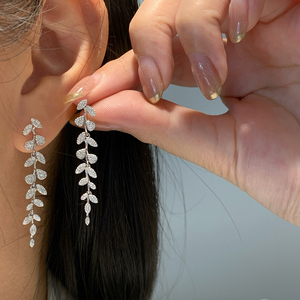 Aazuo – bijoux en or blanc massif 18 carats, or jaune, diamant naturel véritable, feuilles de fée, boucles d'oreilles longues, cadeau pour femmes, fête de mariage - Product Image 5