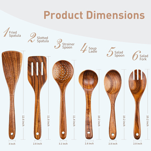 Juego de 6 Utensilios de Cocina de Madera de Teca Natural, Resistentes al Calor, Antiadherentes y Antiarañazos, con Orificio para Colgar - Product Image 2