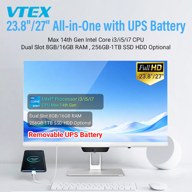 23.8 27 Inch All in One PC With Removable UPS Battery Pack Light up Logo AI Face Unlock Desktop Computer With UPS Battery Inside