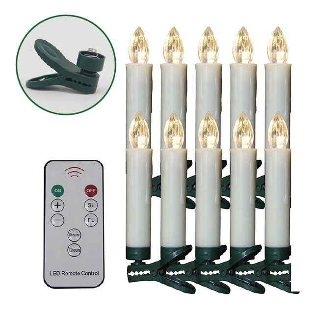 Set of 10 Indoor Battery Operated Flameless Plastic Wireless Led Candles with Remote
