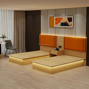 Ensembles de meubles modernes pour chambre d'hôtel : Lit double en bois personnalisé à faible coût avec tête de lit, bureau et tables de chevet pour chambre d'hôtel - Product Image 4