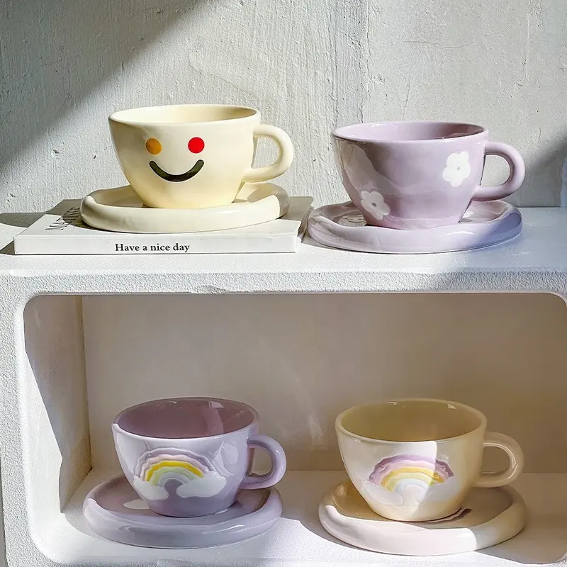 Smiley-Taza de cerámica de arcoíris para café, leche, desayuno, pan, flor, té, Juego de platillos
