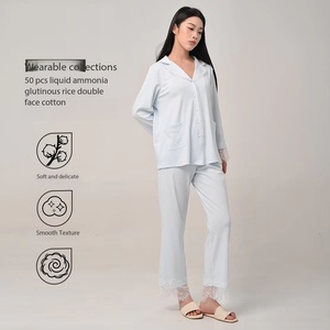 Set <span class=keywords><strong>Pigiama</strong></span> <span class=keywords><strong>Donna</strong></span> in <span class=keywords><strong>Cotone</strong></span> Spandex con Ammoniaca Liquida 50s, Traspirante, Maniche Lunghe, Cardigan in Pizzo, Sensazione Premium, Polsini in Pizzo - Product Image 2