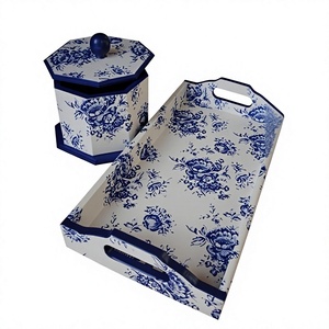 Rectangular Wood MDF Decorative <b>Tray</b> With Floral Pattern Blue And <b>Gold</b> Traditional Design Handle For <b>Serving</b> Or Display - Product Image 2