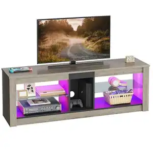 Mueble de TV de madera con 5 compartimentos abiertos y estantes de vidrio ajustables Soporte de TV moderno con luces LED