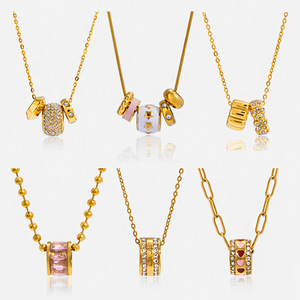 ชุดสร้อยคอเครื่องรางนำโชค ทอง 18K สแตนเลส ประดับเพชรพลอยสีชมพู ดีไซน์เรขาคณิต ของขวัญเครื่องประดับ - Product Image 1