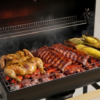 Barbecue professionnel au charbon de bois avec deux étagères de préparation en bois - Fumoir extérieur robuste