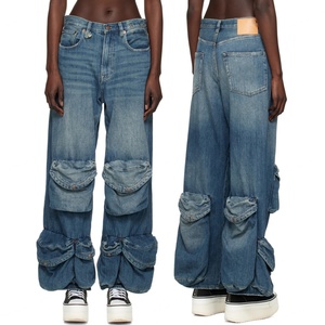 Nuevos Jeans de Mezclilla Azules Multibolsillos para Mujer, Sin Elasticidad - Product Image 1