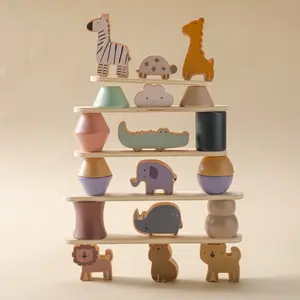 Wooden Stacking Toy Tree House Peg Dolls Educational Wooden Balance Block Decorative Ornaments