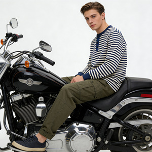 Vêtements d'automne pour hommes, T-shirt Henley rayé à manches longues en pur coton épais de style vintage, chemise nautique de style marin, fournisseur de choix - Product Image 6