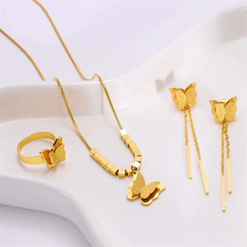 Factory Wholesale Custom High Quality 18k Gold Plated Stainless Steel Block Chain Pendant Butterfly Necklace Earrings And Ring