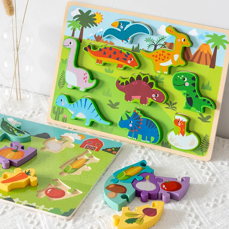 Latest hot selling educational cartoon wooden 3D dinosaur building block puzzle toy custom jigsaw puzzle for kids